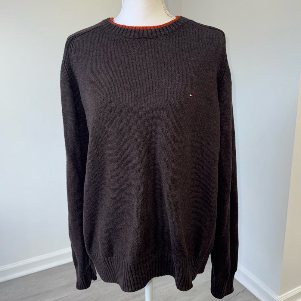 Tommy Hilfiger Mens XL Brown Crewneck Sweater Cotton Orange Trim Logo‎